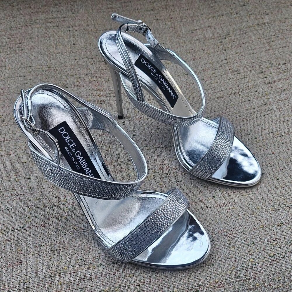 Dolce & Gabbana Women Heel Sandal Silver Tone Shoes Leather Made Italy Size 37 - Picture 3 of 12